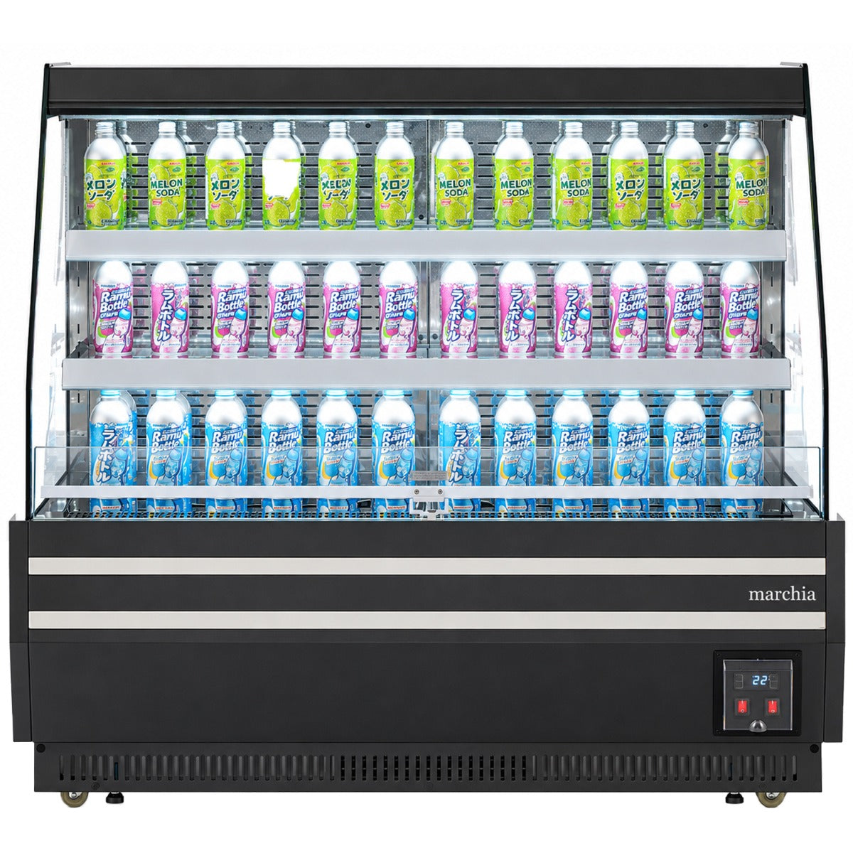 Marchia MDS1500-B 60" open air grab and go merchandiser, stocked with bottled drinks, front view