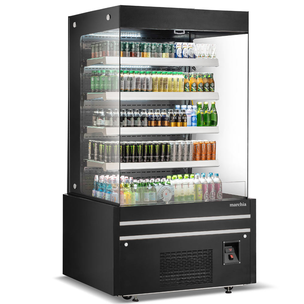 Marchia MDS48G 48" Black Open Air Cooler Grab and Go Refrigerator with Glass Sides