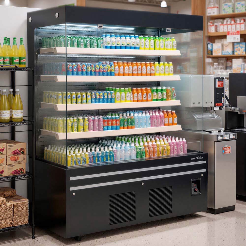 Marchia MDS72G 72" Black Open Air Cooler Grab and Go Refrigerator with Glass Sides, 220V