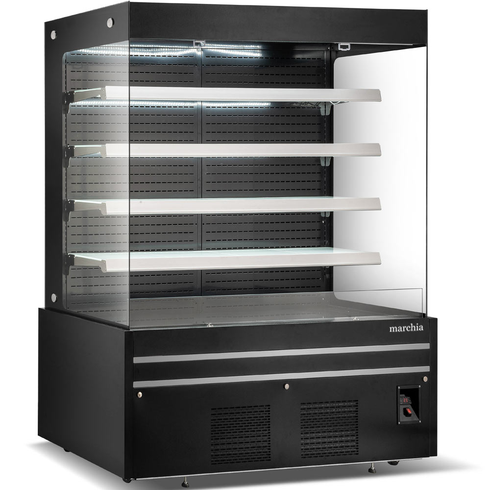 Marchia MDS72G 72" Black Open Air Cooler Grab and Go Refrigerator with Glass Sides, 220V