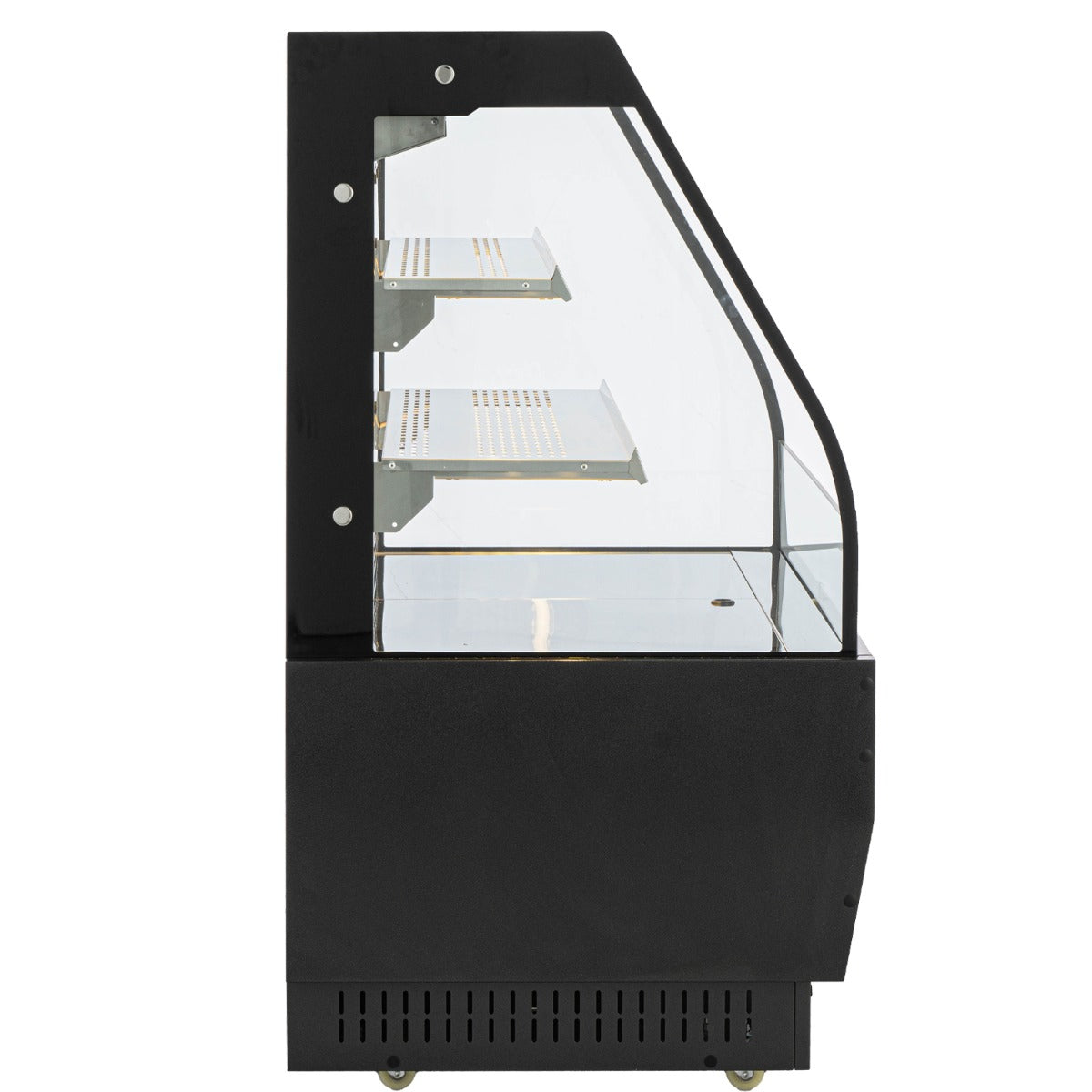 Marchia MHS900-B 36" open heated grab and go display case, side view with glass side panel