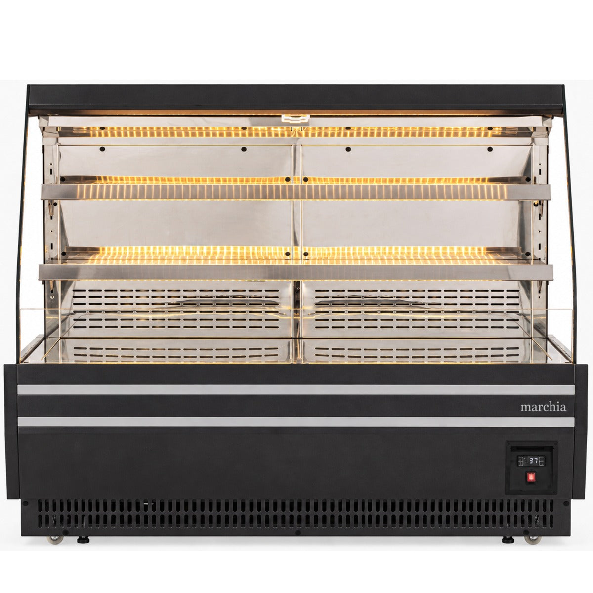 Marchia MHS1500-B 60" open heated grab and go display case, empty with heat lamps on, front view