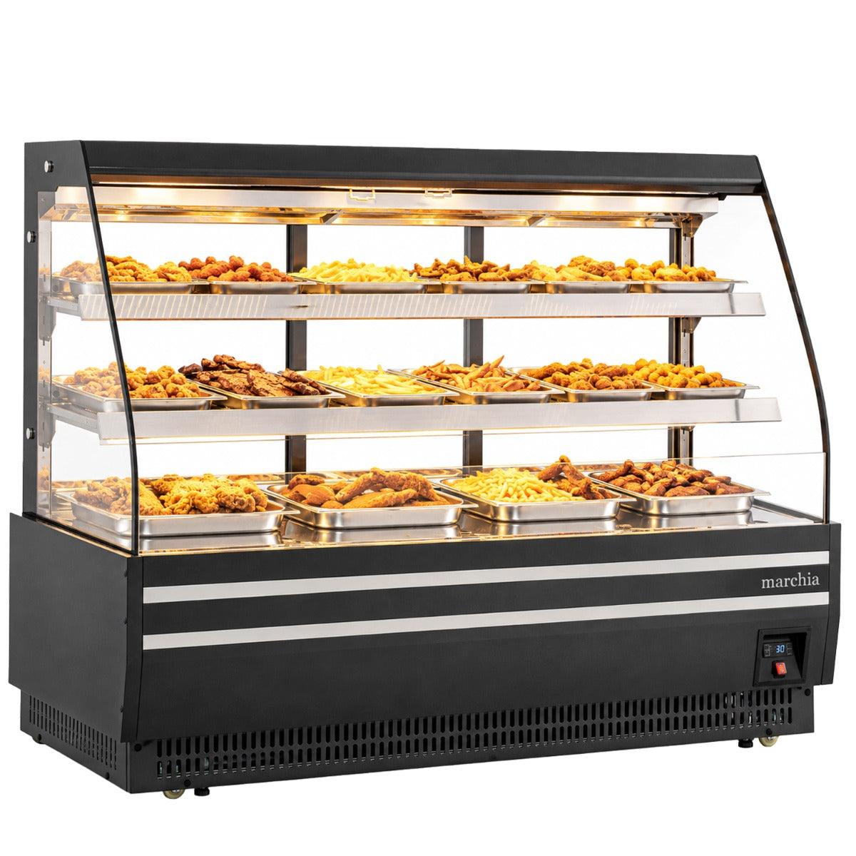 Marchia MHS1500-B 60" open heated grab and go display case, stocked with hot food, front angle view