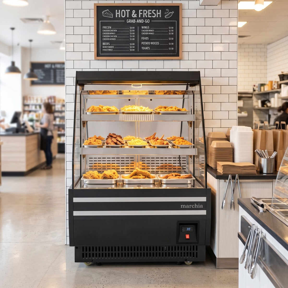 Marchia MHS900-B 36" open heated grab and go display case, stocked with hot food in a store