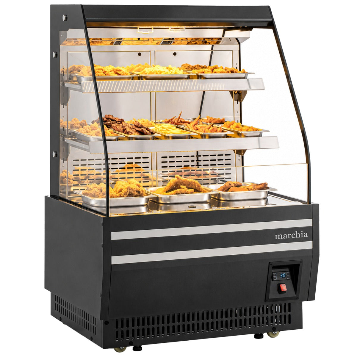 Marchia MHS900-B 36" open heated grab and go display case, stocked with hot food, front angle view