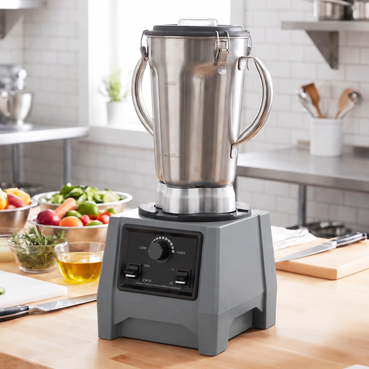 Prepline MIX2-SS commercial blender with 1 gallon stainless steel jar on a kitchen counter