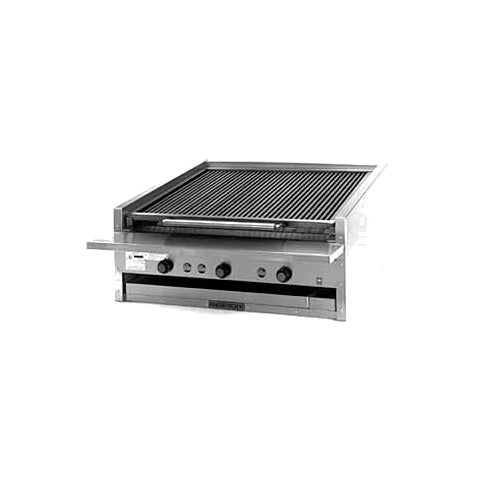 MagiKitch'n APM Series 600 low profile countertop ceramic briquette gas charbroiler, front angle view (representative image)
