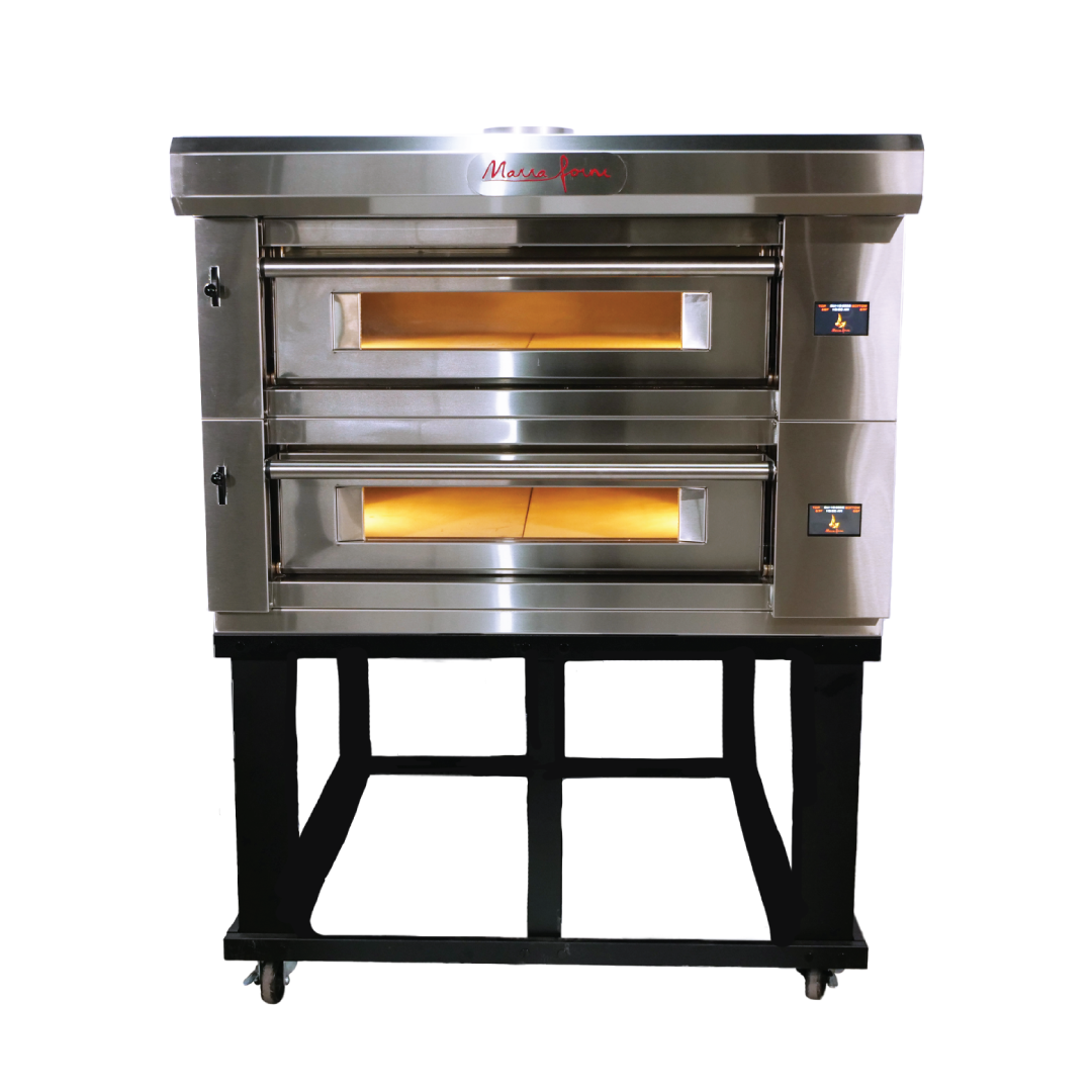 Marra Forni ELST37-36/2 two-deck electric pizza oven on black stand with casters, front view, ovens lit