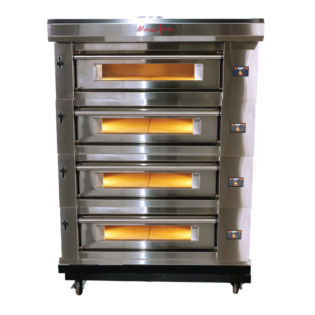 Marra Forni ELST37-36/4 four-deck electric pizza oven on low base with casters, front view, ovens lit