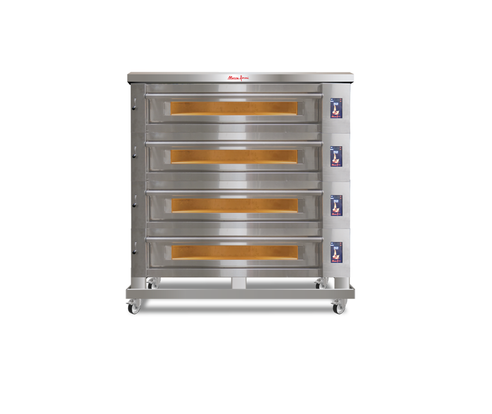 Marra Forni ELST55-36/4 four-deck electric pizza oven on low mobile stand with casters, front view