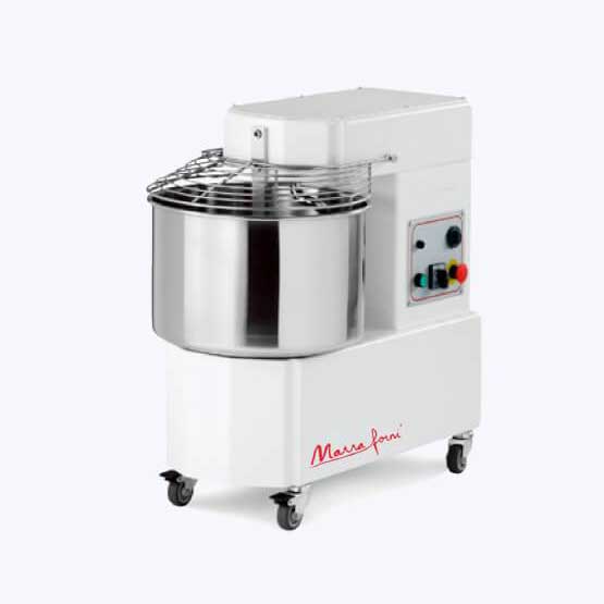 Marra Forni IM44D spiral dough mixer with stainless steel bowl, wire guard and casters, front three-quarter view (representative image)