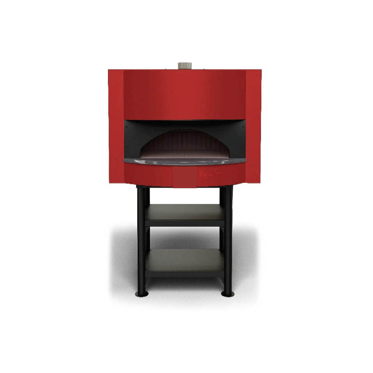 Marra Forni MS Series metal square brick pizza oven with red front panels and granite ledge on black steel stand, front view (representative image)