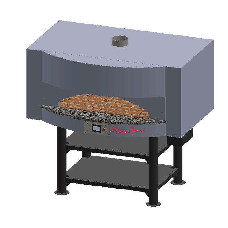 Marra Forni MS68-32G gas brick pizza oven with square gray metal body, touchscreen control and granite ledge on steel stand, angled front view (rendering)