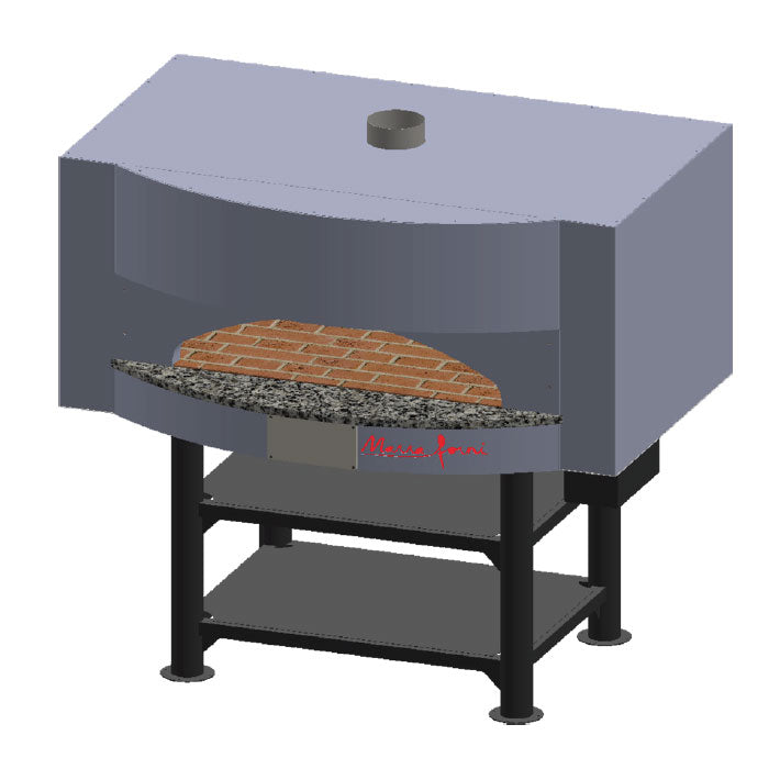 Marra Forni MS68-32W wood-fired brick pizza oven with square gray metal body and granite ledge on steel stand, angled front view (rendering)