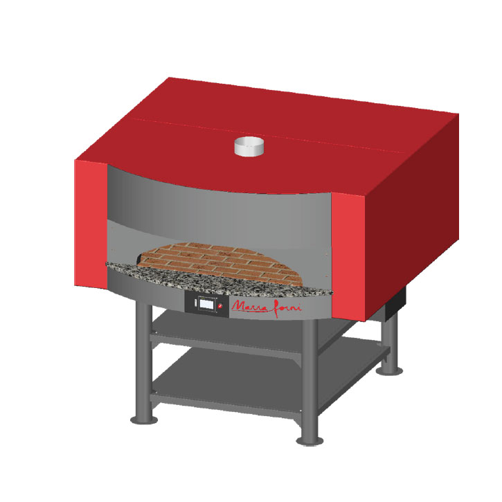 Marra Forni MS71-59G gas brick pizza oven with red square metal body, touchscreen control and granite ledge, angled front view (rendering)