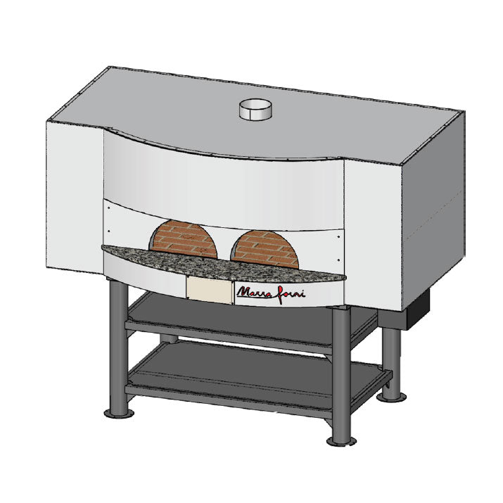 Marra Forni MS83-31W wood-fired brick pizza oven with two oven openings and granite ledge on steel stand, angled front view (rendering)