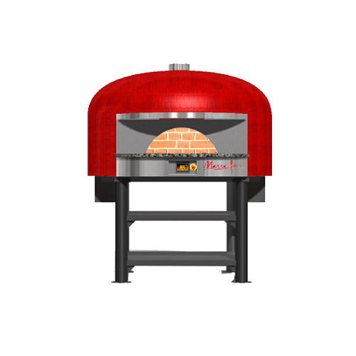 Marra Forni NP130G Neapolitan brick pizza oven with red tiled dome on a black steel stand, front view (representative image)