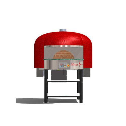 Marra Forni RT130G gas-fired rotating deck brick pizza oven with red tile dome and black steel stand, front view