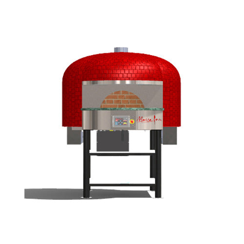 Marra Forni RT90G gas-fired rotating deck brick pizza oven with red tile dome and black steel stand, front view