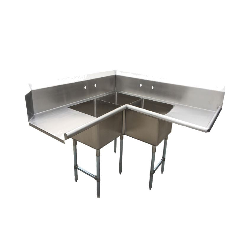 NBR Equipment SDT3C-202012R20 Economy Corner Dishtable w/ (2) 20" Drainboards, 3 Bowls