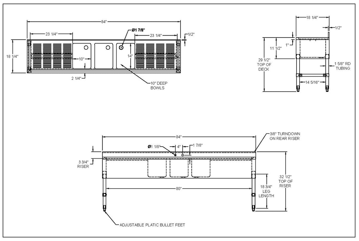 NBR Equipment UW-3-101410-84LR Premium Slim-Line Underbar Sink Unit, 3 Compartment w/ 2 Drainboards