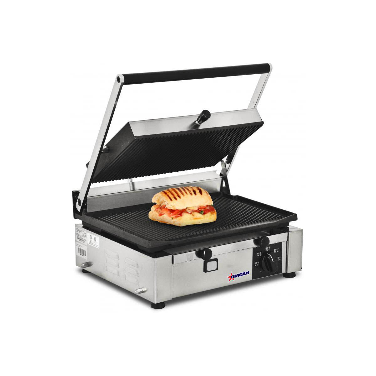 Omcan 11377 Single Sandwich Panini Grill w/ 14" x 10" Grooved Plates, 110V
