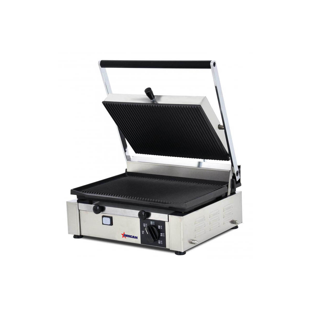 Omcan 11377 Single Sandwich Panini Grill w/ 14" x 10" Grooved Plates, 110V