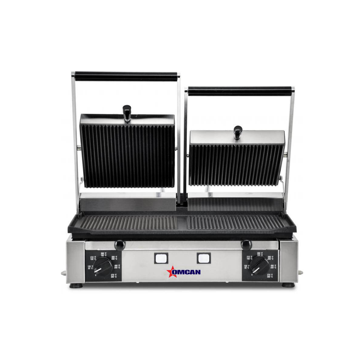 Omcan 11378 Double Sandwich Panini Grill w/ 19" x 10" Grooved Plates, 220V