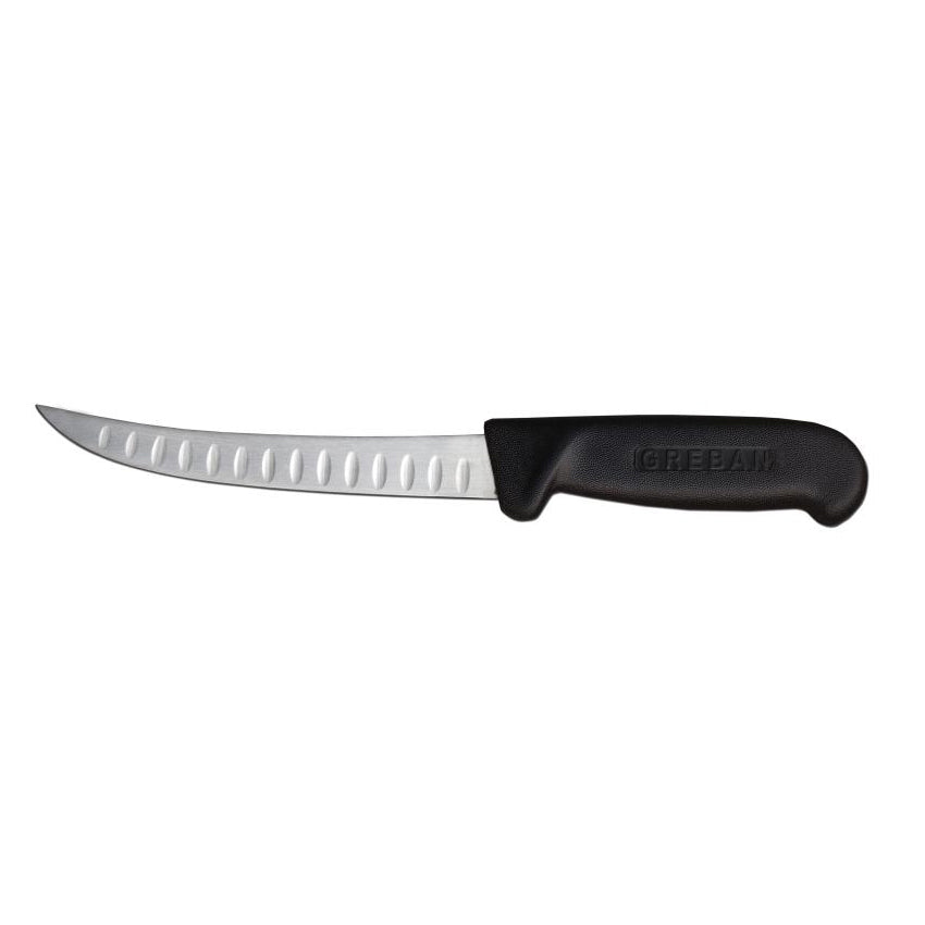 Omcan 11819 Boning Knife - 6" Curved Granton Edge Steel Blade Black Plastic Handle Stamped