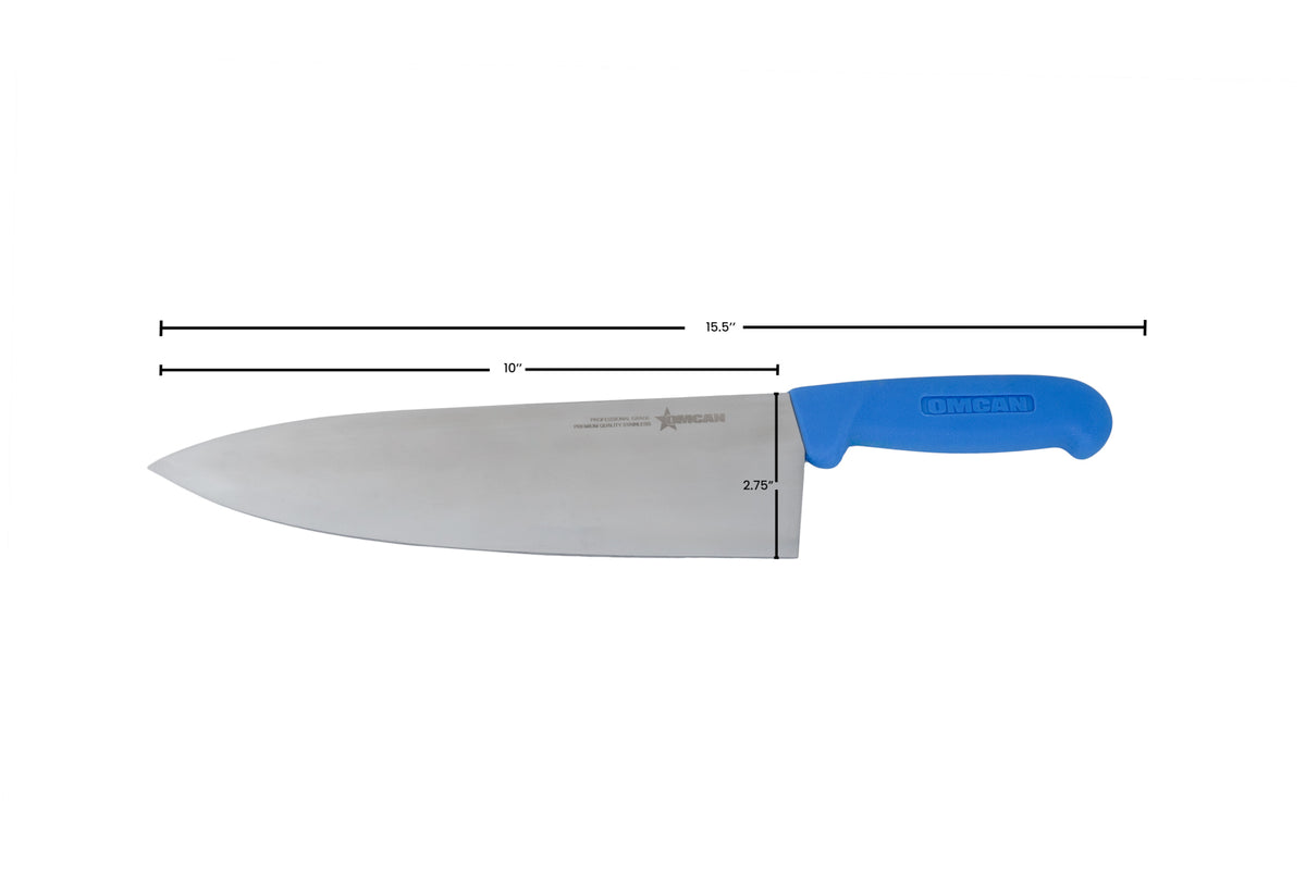 Omcan 12097 Chef Knife - 10" Medium Stamped Blade, Stainless Steel, Blue Polypropylene Handle