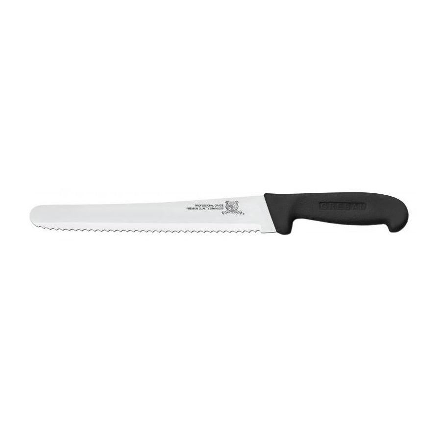 Omcan 12452 Slicing Knife - 10" Curved Wave Edge Blade, Stamped, Black Polypropylene Handle