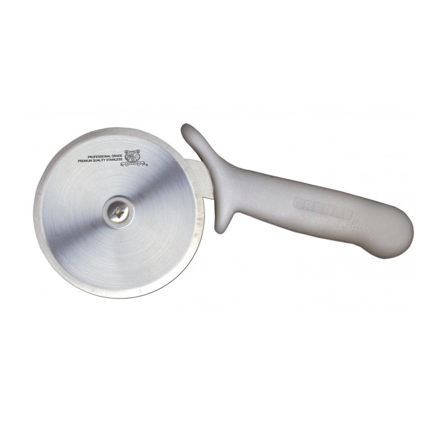 Omcan 12815 Pizza Cutter - 4" White Plastic R-Style Handle, Stainless Steel Wheel, Cutlery