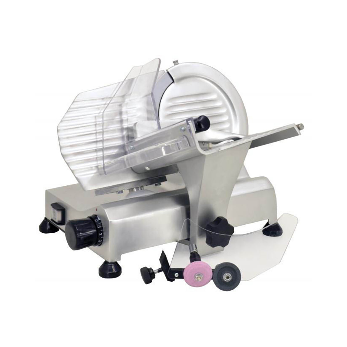 Omcan 13606 Meat Slicer - 8" Carbon Steel Blade, Belt-Driven, Gravity-Feed, Anodized Aluminum Body, 1/5 HP, 110V