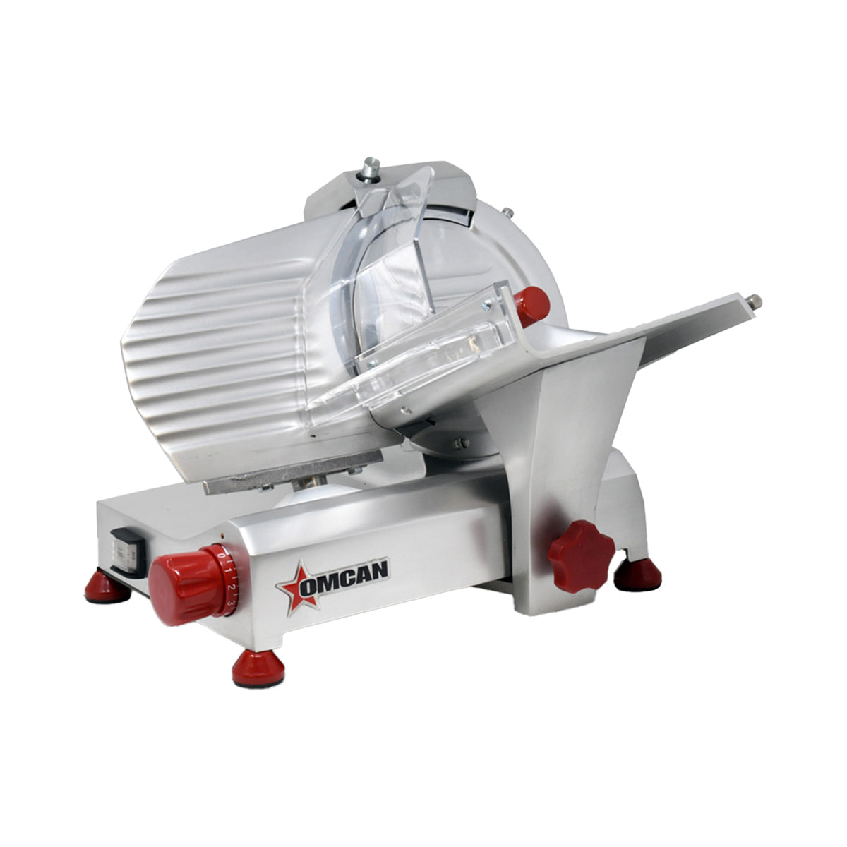 Omcan 13607 Meat Slicer - 8" Carbon Steel Blade, Manual Gravity Feed, Belt Drive, 1/5 HP 110V, Anodized Aluminum