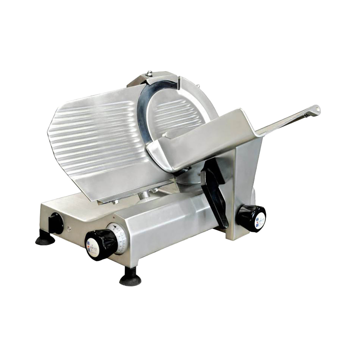 Omcan 13625 Meat Slicer - 11" Carbon Steel Blade, Belt-Driven Gravity Feed, Aluminum, .35 HP, 110V, NEMA 5-15P | anodized aluminum
