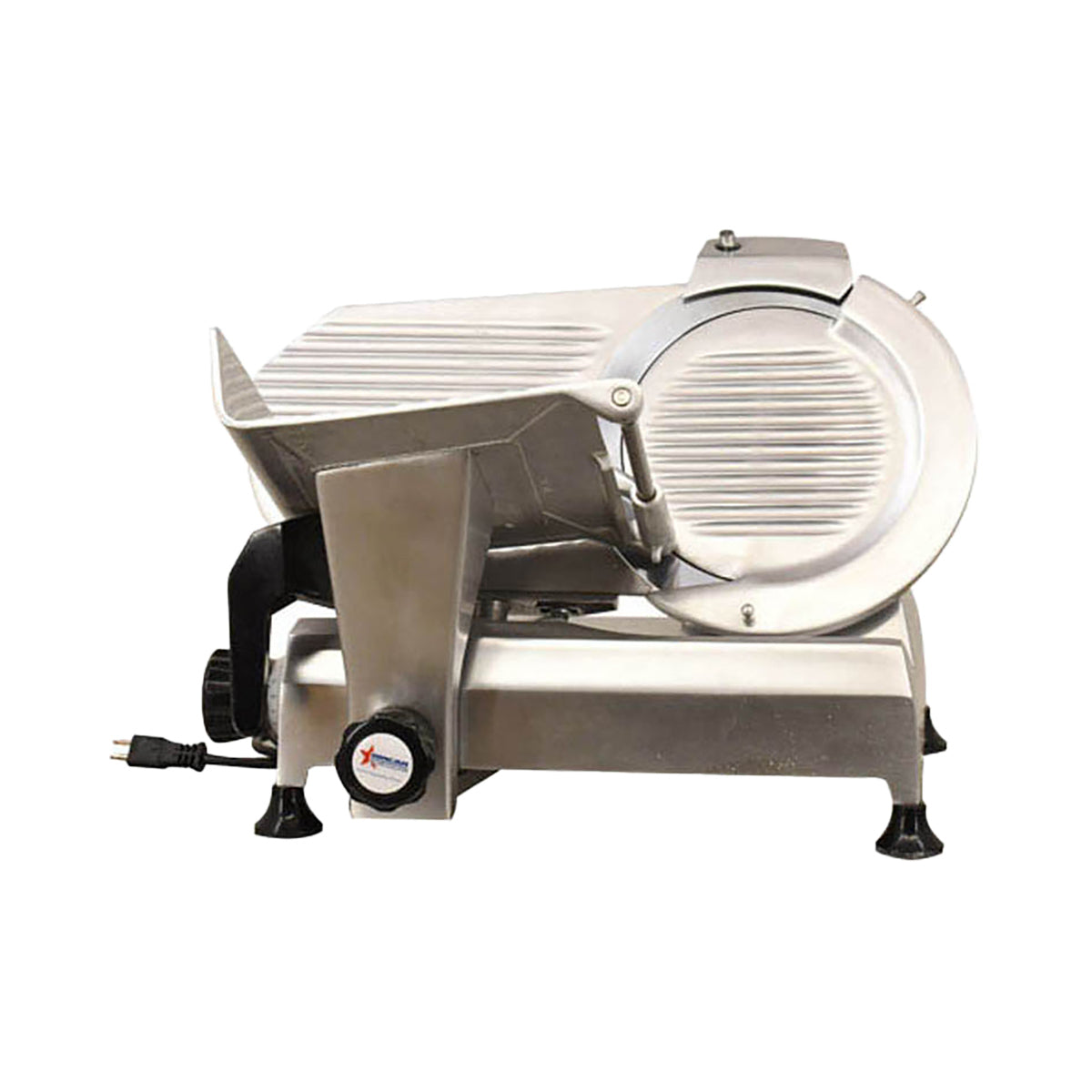 Omcan 13625 Meat Slicer - 11" Carbon Steel Blade, Belt-Driven Gravity Feed, Aluminum, .35 HP, 110V, NEMA 5-15P | anodized aluminum
