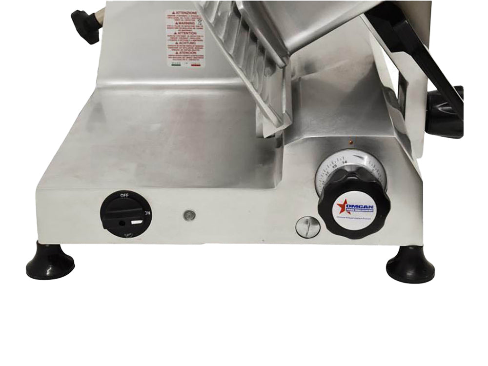 Omcan 13629 MS-IT-300-IP Meat Slicer, 12" Steel Blade 1/2 HP Motor, 280 RPM, Belt Drive, Gravity Feed, 16mm Cut, Body | anodized aluminum