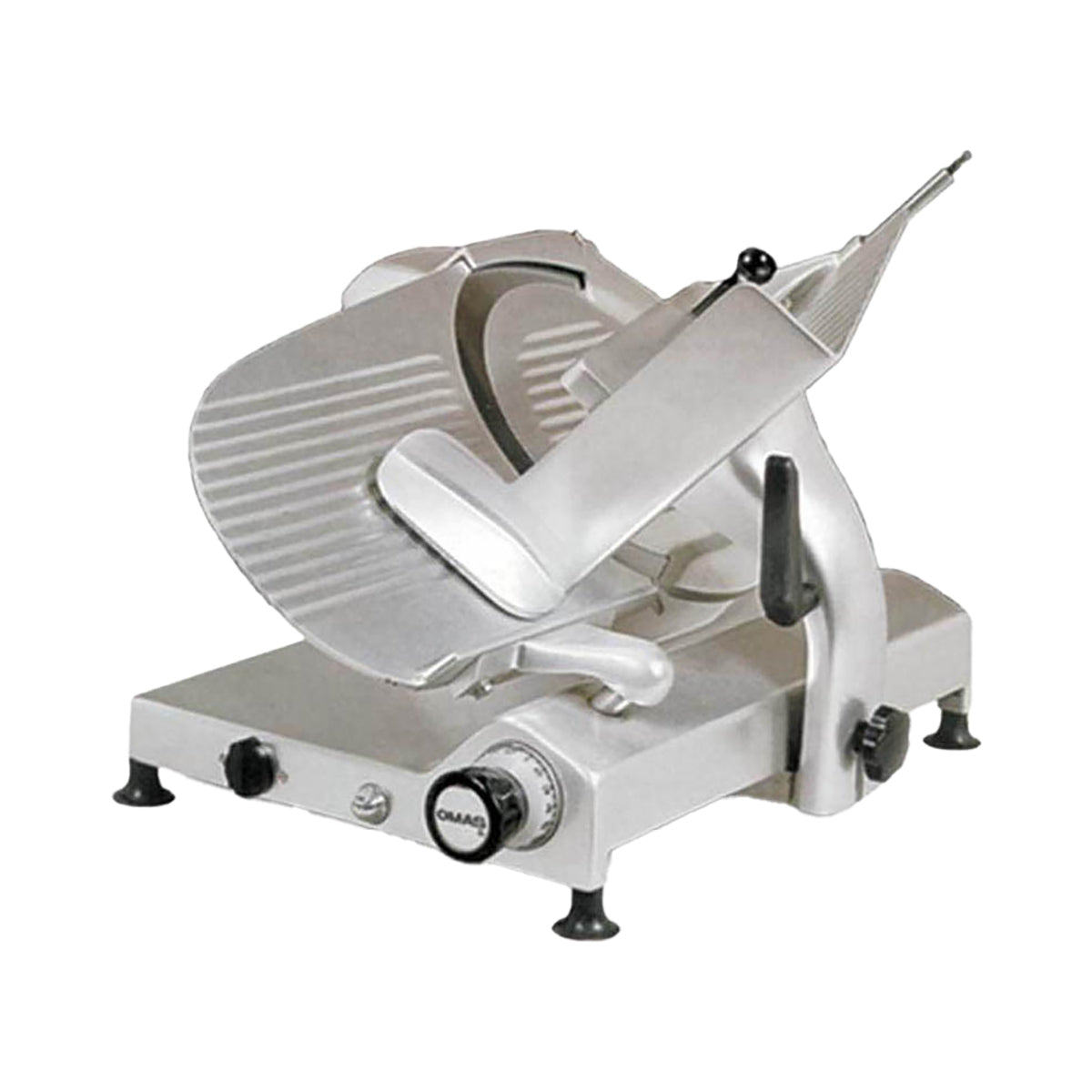 Omcan 13641 Meat Slicer, 12" Carbon Steel Blade, Gear-Driven, Gravity Feed, 1/3 HP, 110V, Anodized Aluminum Body