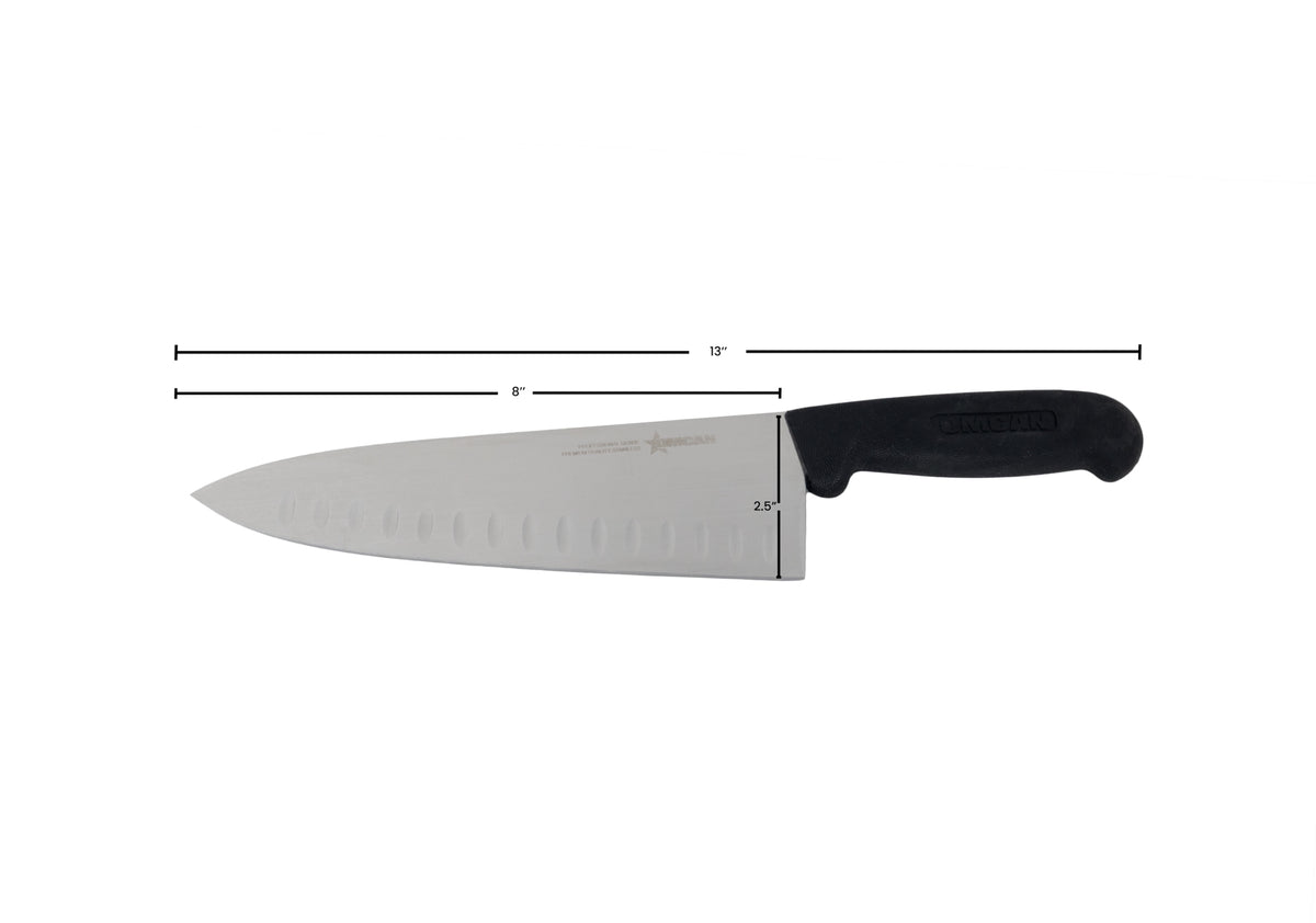 Omcan 16833 Chef Knife - 8" Granton Edge, Forged Steel Blade, Black Plastic Handle, Greban C-A