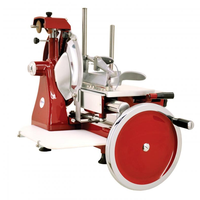 Omcan 18830 Trento Volano Meat Slicer - 14-9/16 Carbon Steel Blade Hand-Fed Sharpener Aluminum Body Made in Italy | stainless steel & aluminum
