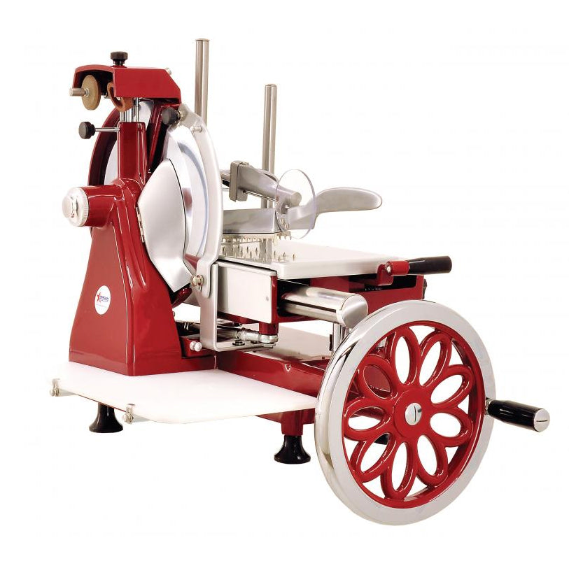 Omcan 20387 Manual Slicer, 14-9/16" Carbon Steel Blade, Stainless/Aluminum Build, Built-in Sharpener, Made in Italy | stainless steel & aluminum
