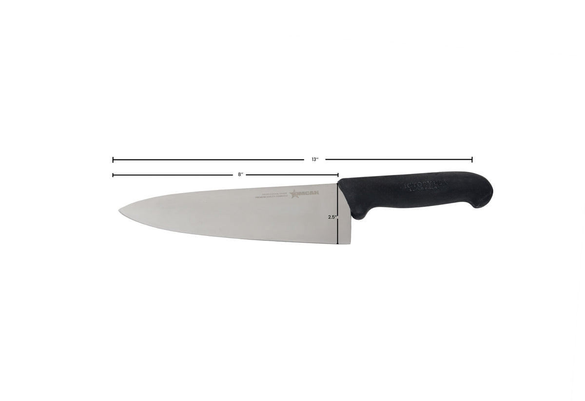 Omcan 21597 Chef Knife - 8" Forged Stainless Steel Blade, Black Plastic Handle, 7-9" Length