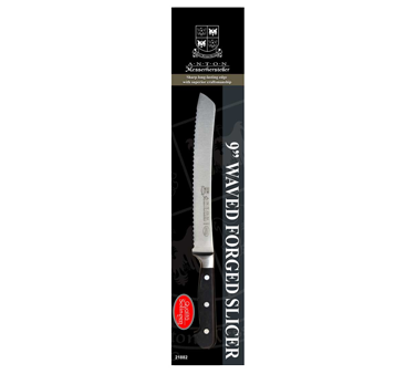 Omcan 21882 9" Forged Wave Edge Slicing Knife, Anton, Black Plastic Handle, Retail Packaged