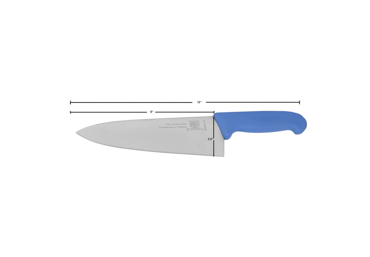 Omcan 23874 Chef Knife - 8" Stamped Steel Blade, Blue Plastic Grip, 7"-9" Length, Cutlery