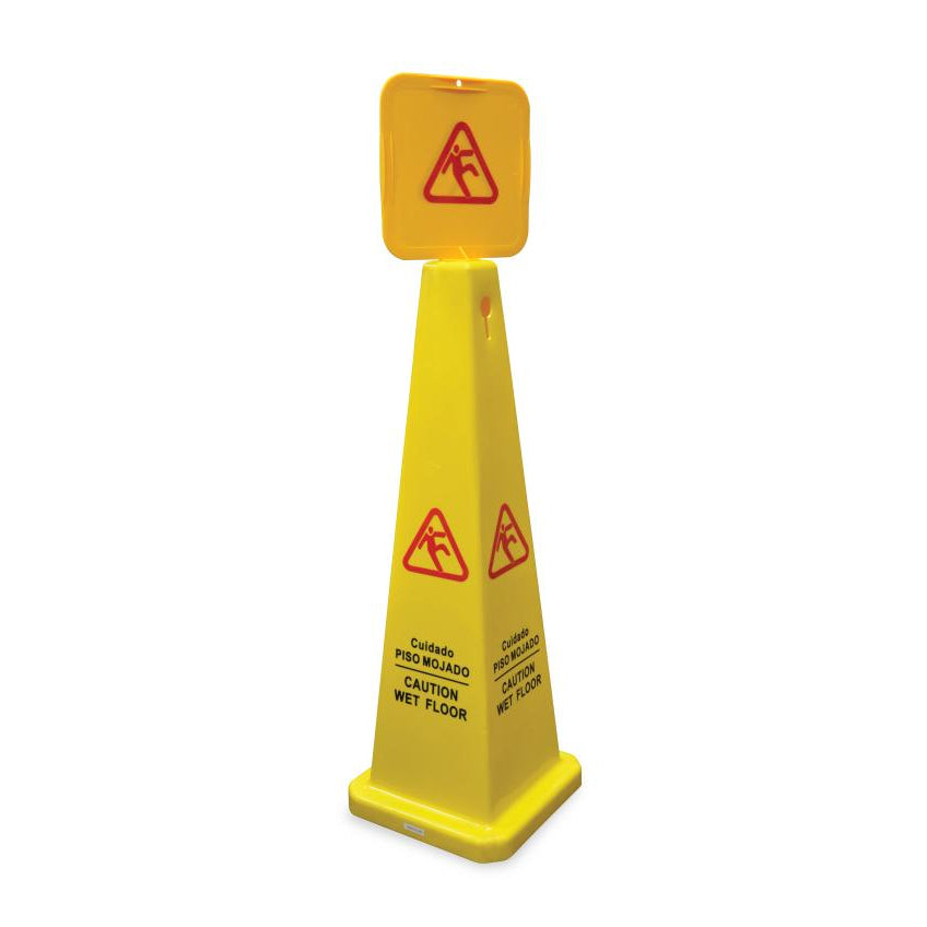 Omcan 24416 4-Sided Yellow Cone Wet Floor Sign, 25"-35" Height, English & Spanish | plastic