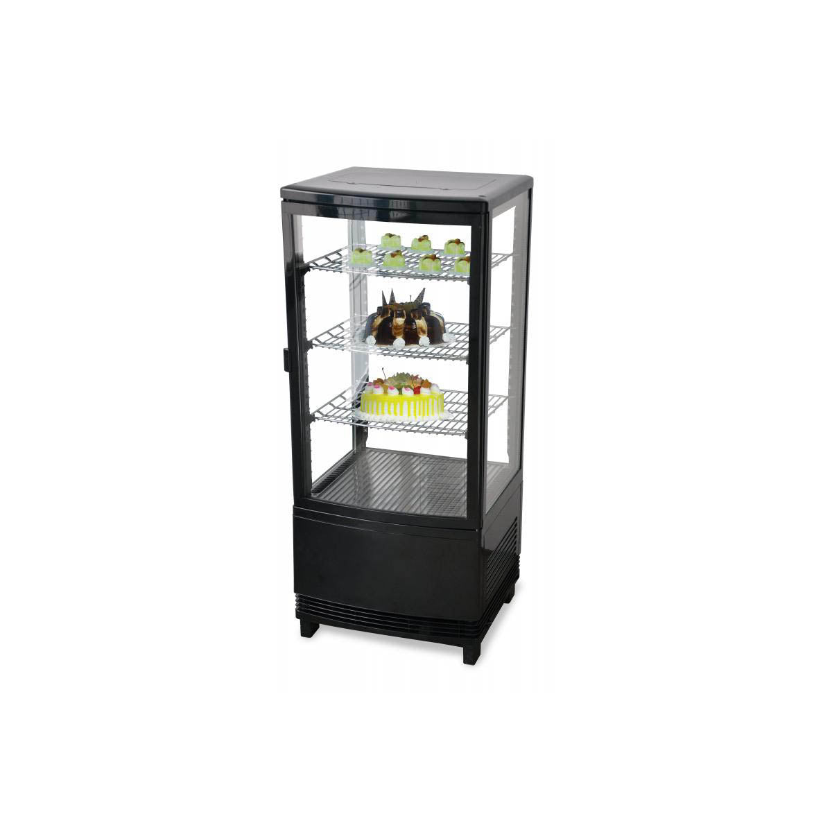 Omcan 25826 16" Self Service Countertop Refrigerated Display Case with Hinged Glass Door, 3 Shelves - 2.9 cu. ft. / 180 w