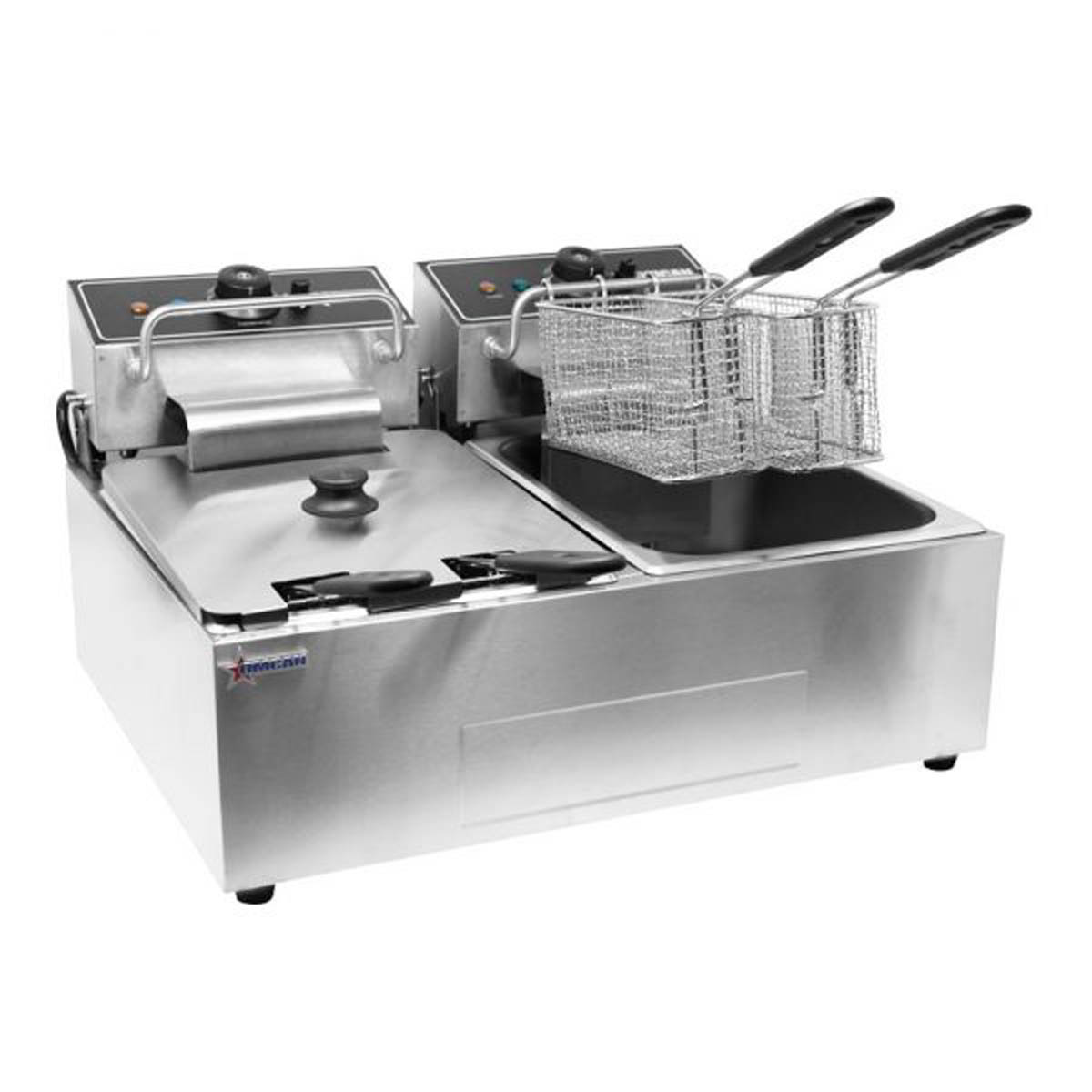 Omcan 34868 Split Pot Countertop Electric Fryer w/ 4 Baskets, 13 lbs Capacity, (2) 110v/60/1-ph | 22.75" Wide
