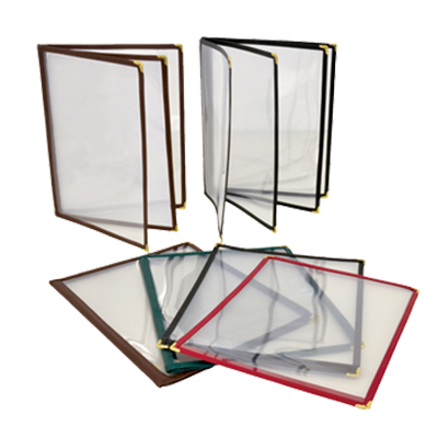 Omcan 39797 Folded Menu Holder Booklet, 9-1/4" x 11-3/4" Brown Plastic, Metal Corners
