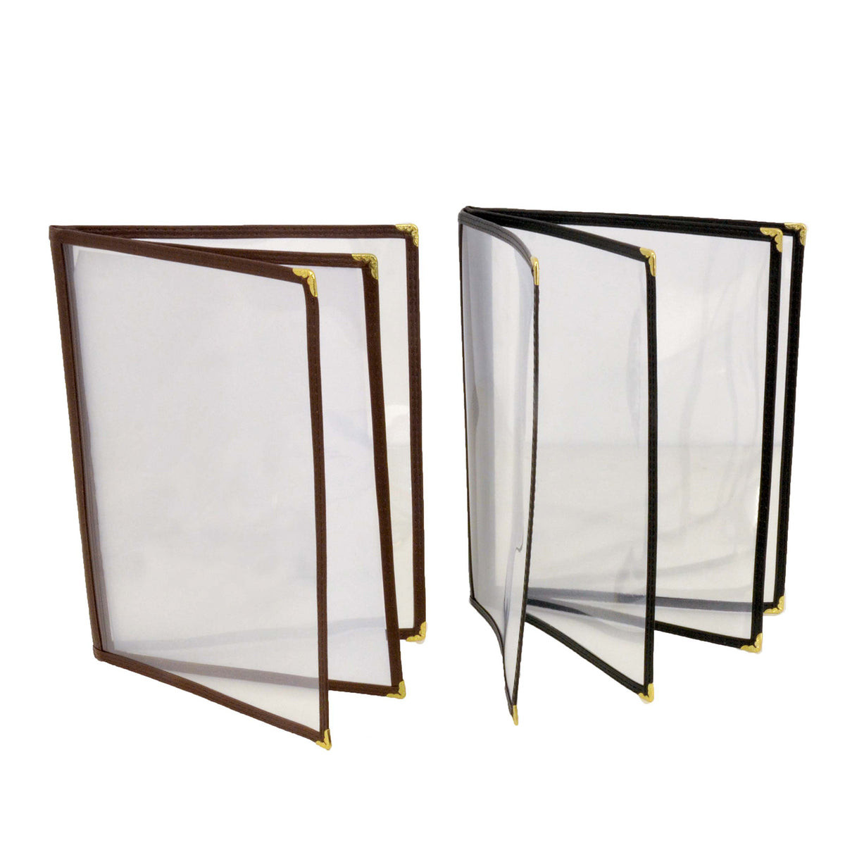Omcan 39797 Folded Menu Holder Booklet, 9-1/4" x 11-3/4" Brown Plastic, Metal Corners
