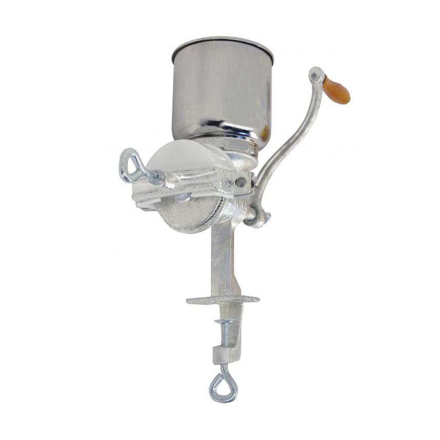 Omcan 41158 Food Mill, 15-1/2"x11"x14-3/4" Crank, Course-to-Fine Grind, Cast Iron, Clamps 1-1/2" Thick